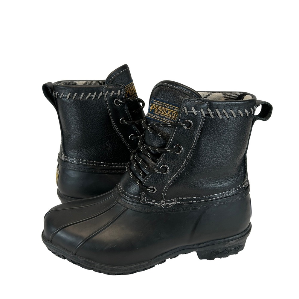 Pendleton Black Leather Plaid Lined Duck Boots Womens 6 EUR 38 Rain Snow